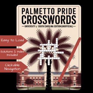Puede incluir: Un crucigrama digital titulado "Palmetto Pride Crosswords - University of South Carolina Edition (No oficial)". El diseño presenta una palmera, una cuadrícula de crucigramas y un lápiz rojo. El texto incluye "Fácil de cargar".