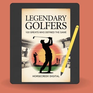 Può includere: Un e-reader mostra la copertina di "Legendary Golfers", con la silhouette di un golfista che fa swing contro un tramonto. Il testo recita "100 Grandi che hanno definito il gioco". Una penna stilo gialla è appoggiata sul lato.