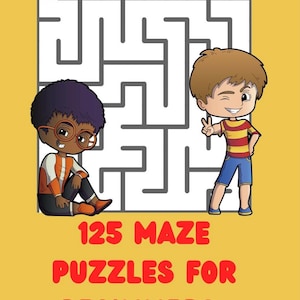 Könnte beinhalten: Ein gelber Buchumschlag mit einem schwarz-weißen Labyrinth auf der Vorderseite. Zwei Comic-Kinder befinden sich auf beiden Seiten des Labyrinths. Der Buchtitel lautet "125 Maze Puzzles for Beginners".