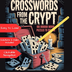 以下が含まれることがあります： 「Crosswords from the Crypt」というタイトルのイラスト入りブックカバー。画像には、クロスワードパズルでいっぱいの赤い箱、黄色の鉛筆、ろうそく、そして「100 Horror Movie Puzzles to Die」というテキストが描かれています。