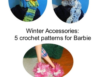 5 crochet patterns (PDF) for the 11 1/2" fashion doll: Winter Accessories (hats, scarves, slippers)