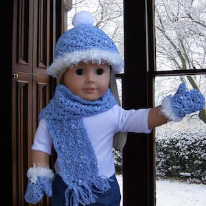 Crochet pattern (PDF) for 18 inch child doll - sparkly and lacy hat, mittens, and scarf set