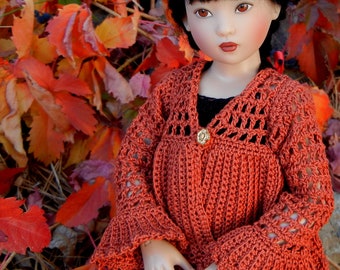 Crochet pattern (PDF) for 14-inch child doll Chrysalis by Kish - autumn cardigan - also fits 15-16 inch fashion doll Ellowyne Tyler