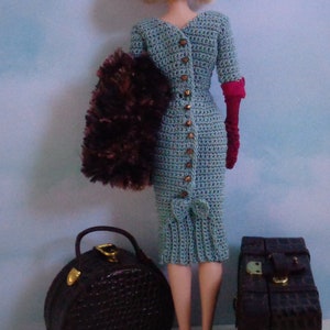 Crochet pattern PDF for 11 1/2 fashion doll 1940s 1950s style dress, fur stole, hat, and purse image 1