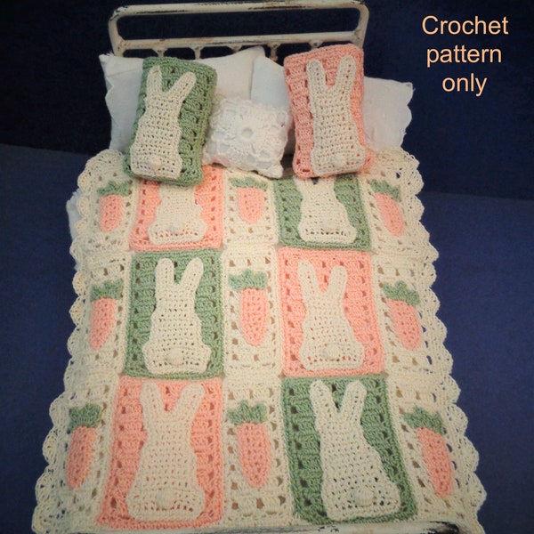 Crochet pattern (PDF) for 7-8 inch child doll Riley Kish - Easter bunny blanket, pillows, pillowcases