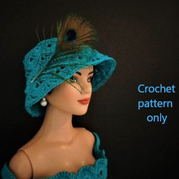 Crochet pattern (PDF) for 22-inch fashion doll - a lacy dress and hat, with alternative strapless style dress