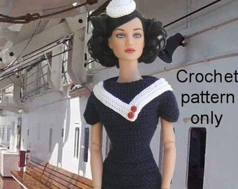 Crochet pattern (PDF) for 16-inch fashion doll - Yacht Club - a 1930s sailor dress and cap