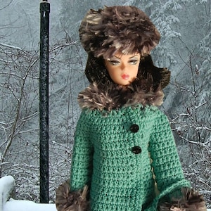 Crochet pattern PDF for 11 1/2 fashion doll 1960s Winter set 3 pieces Coat hat purse image 1