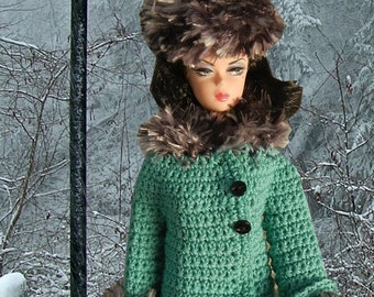 Modello all&#39;uncinetto (PDF) per bambola alla moda da 11 1/2&quot; - Set invernale 3 pezzi Cappotto, cappello e borsa
