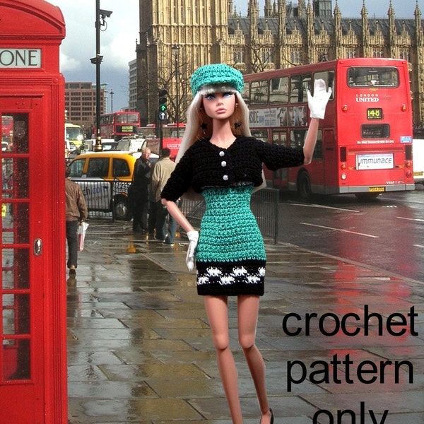 Crochet pattern (PDF) for 11 1/2" fashion doll - 1960s mod dress jacket cap