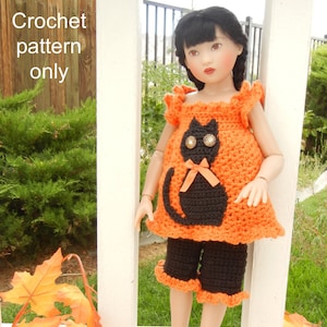 Crochet pattern (PDF) for 14 inch child doll Chrysalis Kish - Halloween top & capris