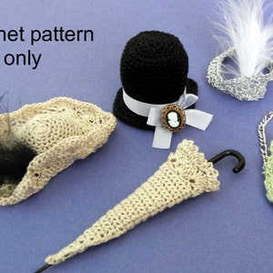 5 crochet patterns (PDF) for 11 1/2" fashion doll: Celebrating the Eras (headband, hats, parasol, purse)