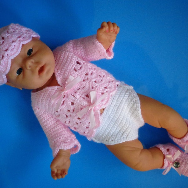 Crochet pattern (PDF) for Berenguer 18-inch newborn doll - layette with cap, lacy cardigan, diaper, and booties