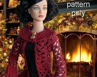 Crochet pattern (PDF) for 16-inch fashion doll - Christmas Cranberry cardigan with picots & pleats