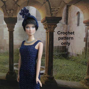 May include: A crochet pattern for a blue dress with a flower-shaped hat. The pattern is for a doll.