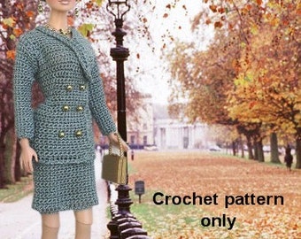 Crochet pattern (PDF) for 11 1/2" fashion doll - 1990s suit jacket & skirt