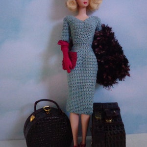 Crochet pattern PDF for 11 1/2 fashion doll 1940s 1950s style dress, fur stole, hat, and purse image 2