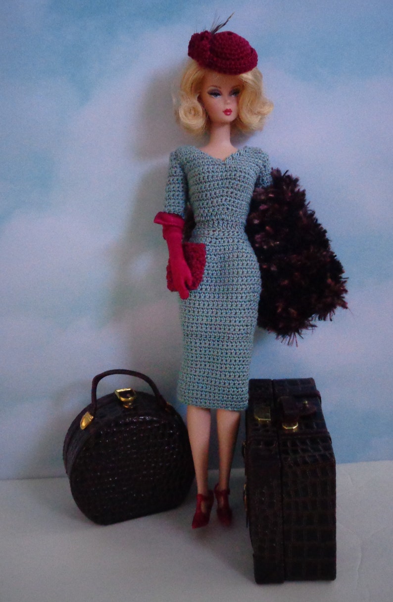 Crochet pattern PDF for 11 1/2 fashion doll 1940s 1950s style dress, fur stole, hat, and purse image 2