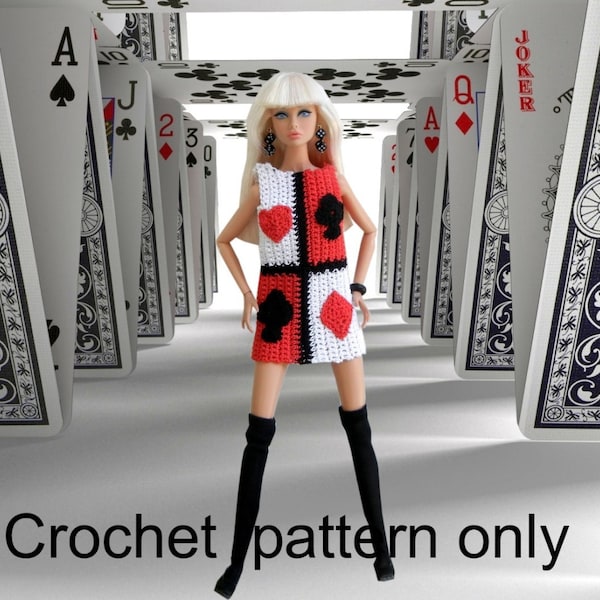 Crochet pattern (PDF) for 11 1/2" fashion doll - 1960s mod dress Color-block Playing card