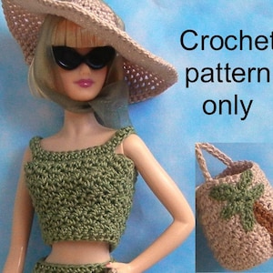 Crochet pattern (PDF) for 11 1/2" fashion doll - beach outfit with top, capris, hat, bag