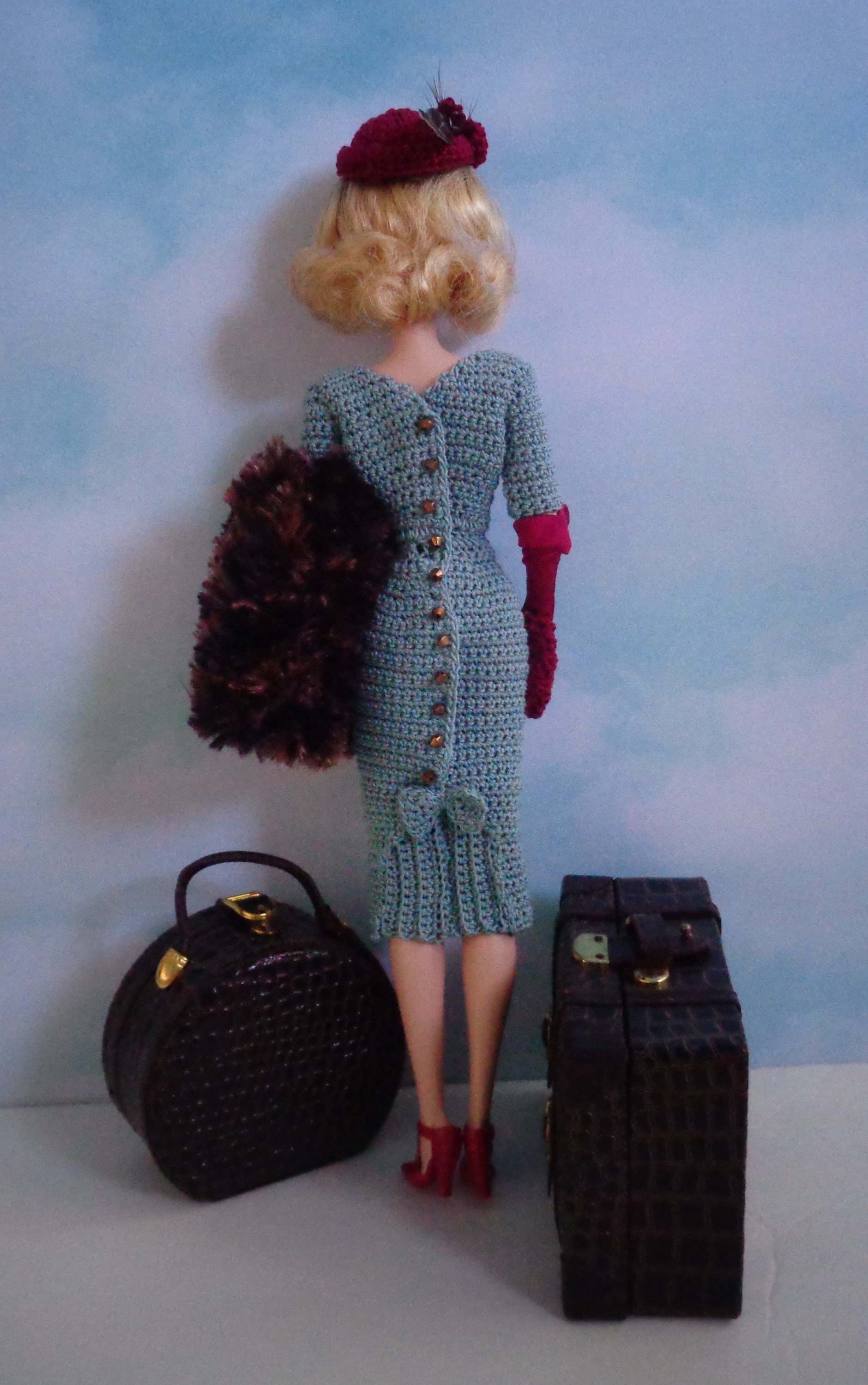 Crochet pattern (PDF) for 11 1/2" fashion doll - 1940s 1950s style dress, fur stole, hat, and purse