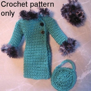 Crochet pattern PDF for 11 1/2 fashion doll 1960s Winter set 3 pieces Coat hat purse image 2