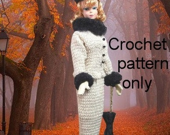 Crochet pattern (PDF) for 11 1/2" fashion doll -  1950s style fur-trimmed suit and fur hat