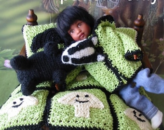 Crochet pattern (PDF) for 7-8 inch child doll Riley Kish - 5 designs - Toy badger Basket Coat Pillows Blanket truffles