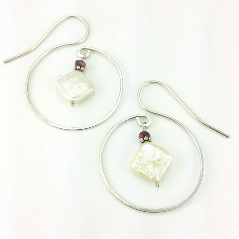 Spiral Dangle Earrings Square Freshwater Pearl Round Hammered Unique Design Circle Sterling Silver Curly Q Hoop Earrings Hoops Ruby
