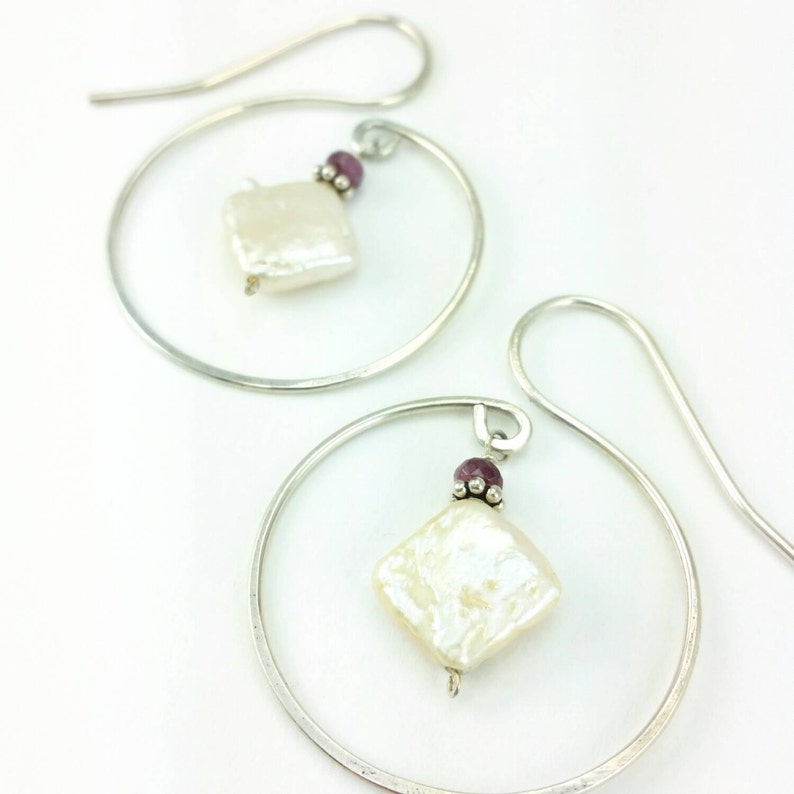 Spiral Dangle Earrings Square Freshwater Pearl Round Hammered Unique Design Circle Sterling Silver Curly Q Hoop Earrings Hoops Ruby