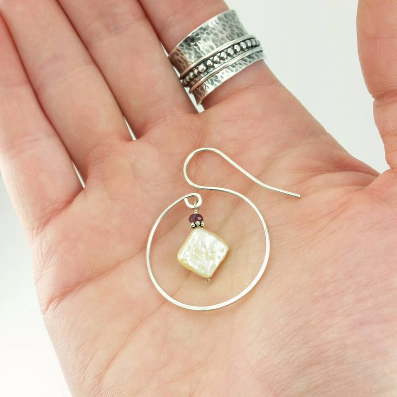 Spiral Dangle Earrings Square Freshwater Pearl Round Hammered Unique Design Circle Sterling Silver Curly Q Hoop Earrings Hoops Ruby