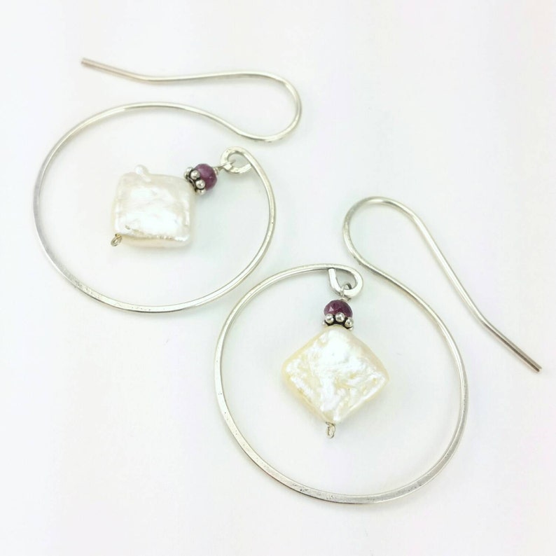 Spiral Dangle Earrings Square Freshwater Pearl Round Hammered Unique Design Circle Sterling Silver Curly Q Hoop Earrings Hoops Ruby