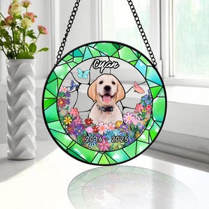 Stained Glass Pet Portrait Suncatcher, Custom Dog Photo Memorial Gift with Name, Stained Glass Dog Memorial, Pet Loss Sympathy Gift
