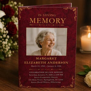 May include: A funeral program featuring a deep red background with a subtle rose pattern and gold decorative borders. The text reads IN LOVING MEMORY, MARGARET ELIZABETH ANDERSON, March 12, 1948 – January 8, 2026, and CELEBRATION OF LIFE SERVICE details.
