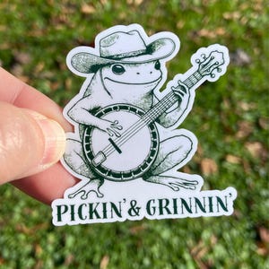 Funny Frog Playing Banjo Sticker, Pickin' & Grinnin Sticker, Bluegrass Water Bottle Sticker, Country Music Gift, Vintage Toad Laptop Decal