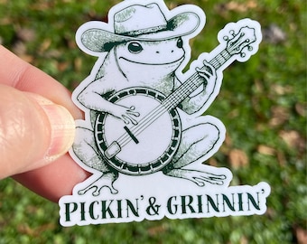 Funny Frog Playing Banjo Sticker, Pickin' & Grinnin Sticker, Bluegrass Water Bottle Sticker, Country Music Gift, Vintage Toad Laptop Decal
