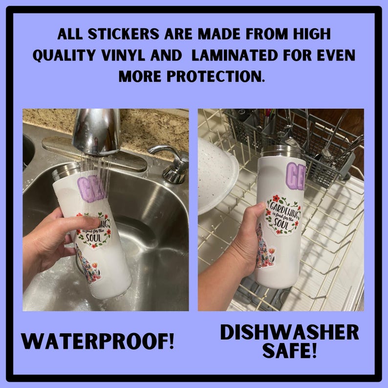 two pictures of a hand holding a water bottle in front of a sink