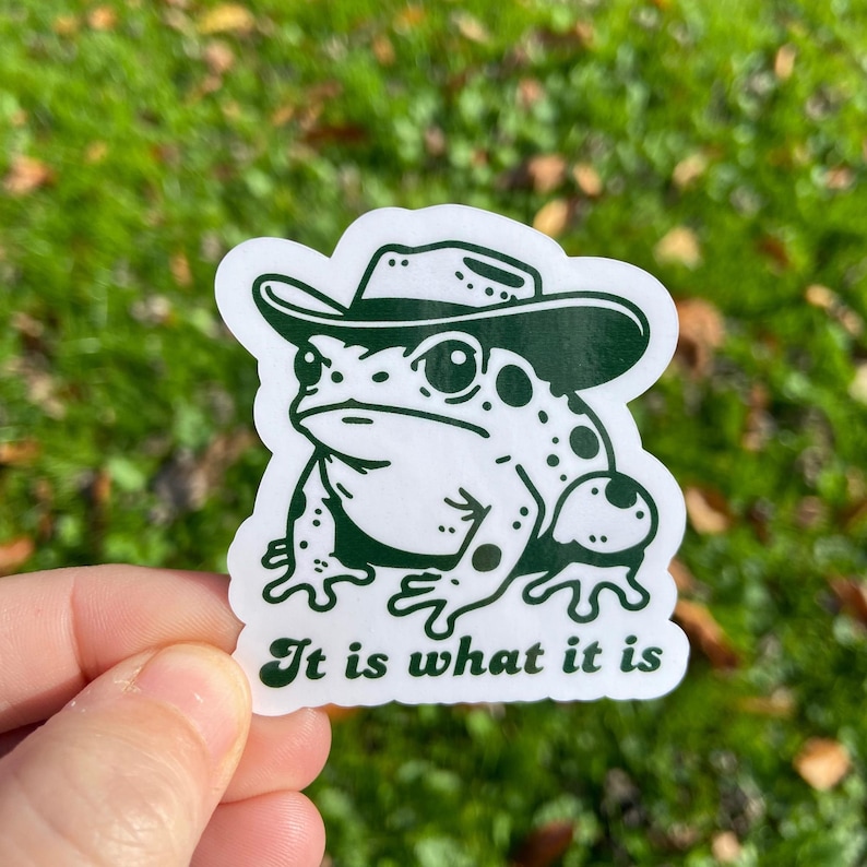 May include: A green and white sticker featuring a cartoon frog wearing a cowboy hat. The frog is sitting on its hind legs and has a serious expression. The text "It is what it is" is printed below the frog.