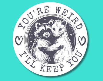 You're Weird I'll Keep You Sticker, Funny Friend Gift, Trendy Raccoon Water Bottle Decal, Bestie Sticker, Holographic Opossum Sticker
