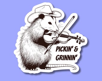 Pickin and Grinnin Possum Sticker, Funny Possum Playing Fiddle Water Bottle Sticker,  Appalachia Sticker, Bluegrass Laptop Sticker, Gift