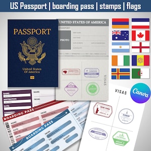 Editable Us Passports for Kids, Printable Passport for Kid for Playing Travel and Learning,kids Boarding Pass, Stamps & Visas Canva Template