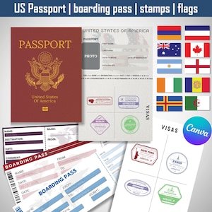 Bewerkbare Amerikaanse paspoorten voor kinderen, afdrukbaar paspoort voor kinderen om te spelen, reizen en leren, instapkaart voor kinderen, stempels en visa Canva-sjabloon