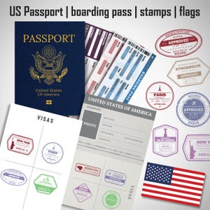 Bewerkbare Amerikaanse paspoorten voor kinderen, afdrukbaar paspoort voor kinderen om te spelen, reizen en leren, instapkaart voor kinderen, stempels en visa Canva-sjabloon