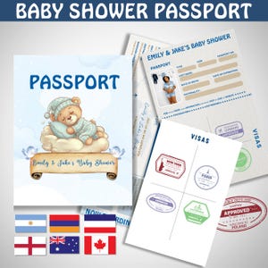 Convite para chá de bebê com passaporte, convite para cartão de embarque para chá de bebê, passaporte para chá de bebê, chá de bebê com tema de viagem, balão de ar quente azul