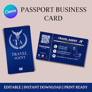 Visitekaartje reisbureau, bewerkbaar visitekaartje thema paspoort/instapkaart, visitekaartje QR-code, Canva-sjabloon, Instant Download
