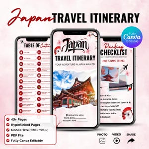 Modelo de roteiro de viagem para o Japão no Canva | PDF com mais de 45 páginas e hiperlinks | Planejador e guia definitivo para viagens ao Japão | Planejador de viagens editável para o Japão