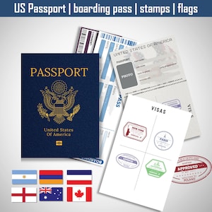 Bewerkbare Amerikaanse paspoorten voor kinderen, afdrukbaar paspoort voor kinderen om te spelen, reizen en leren, instapkaart voor kinderen, stempels en visa Canva-sjabloon