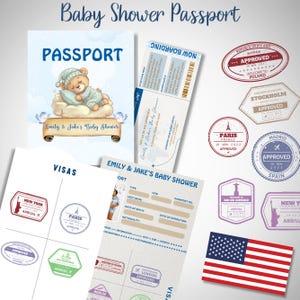 Convite para chá de bebê com passaporte, convite para cartão de embarque para chá de bebê, passaporte para chá de bebê, chá de bebê com tema de viagem, balão de ar quente azul