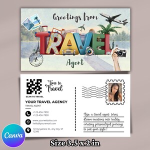 Tarjeta de presentación para agente de viajes, tarjeta de presentación editable con tema de postal, tarjeta de presentación imprimible con código QR, plantilla de Canva, descarga instantánea