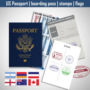 Bewerkbare Amerikaanse paspoorten voor kinderen, afdrukbaar paspoort voor kinderen om te spelen, reizen en leren, instapkaart voor kinderen, stempels en visa Canva-sjabloon